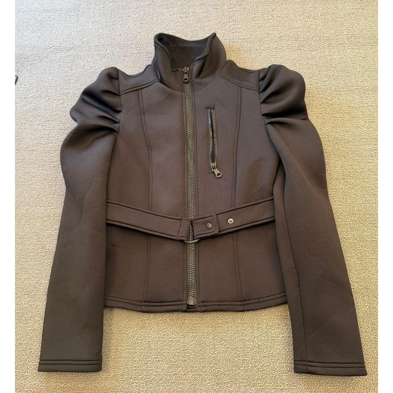 ZARA Size Small Women's Black Puff Sleeve Belted Full Zip Jacket Coat