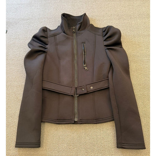 ZARA Size Small Women's Black Puff Sleeve Belted Full Zip Jacket Coat