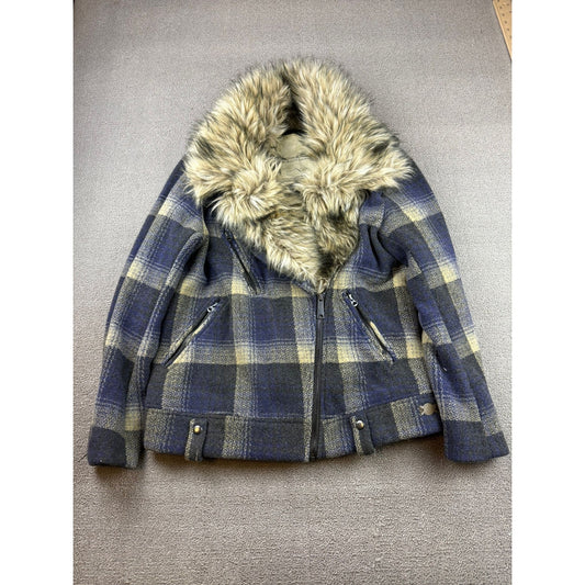 Denim & Supply Ralph Lauren Women's Large  Wool Plaid Faux Fur Trimmed Jacket