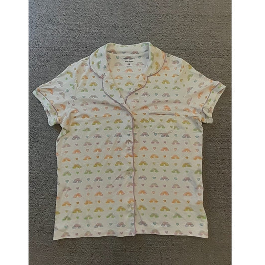 Stoney Clover X Roller Rabbit Women's M White Rainbow Hearts Print Pajama Shirt Top