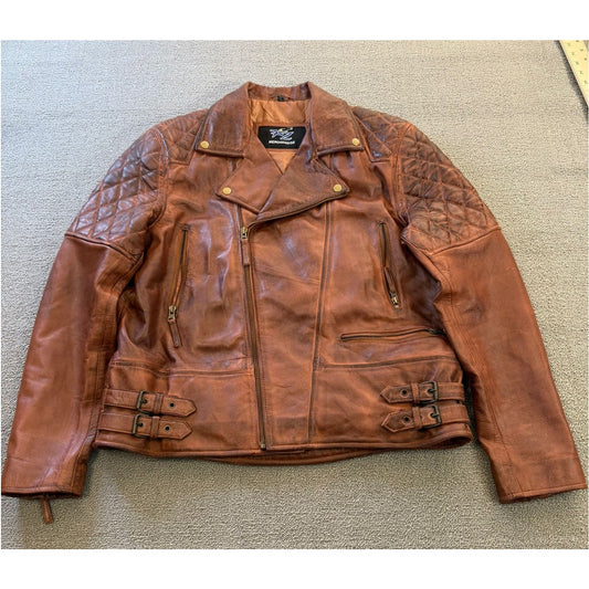 FZ Merchandise Large Men's Brown Leather Motorcycle Jacket Quilted Shoulders