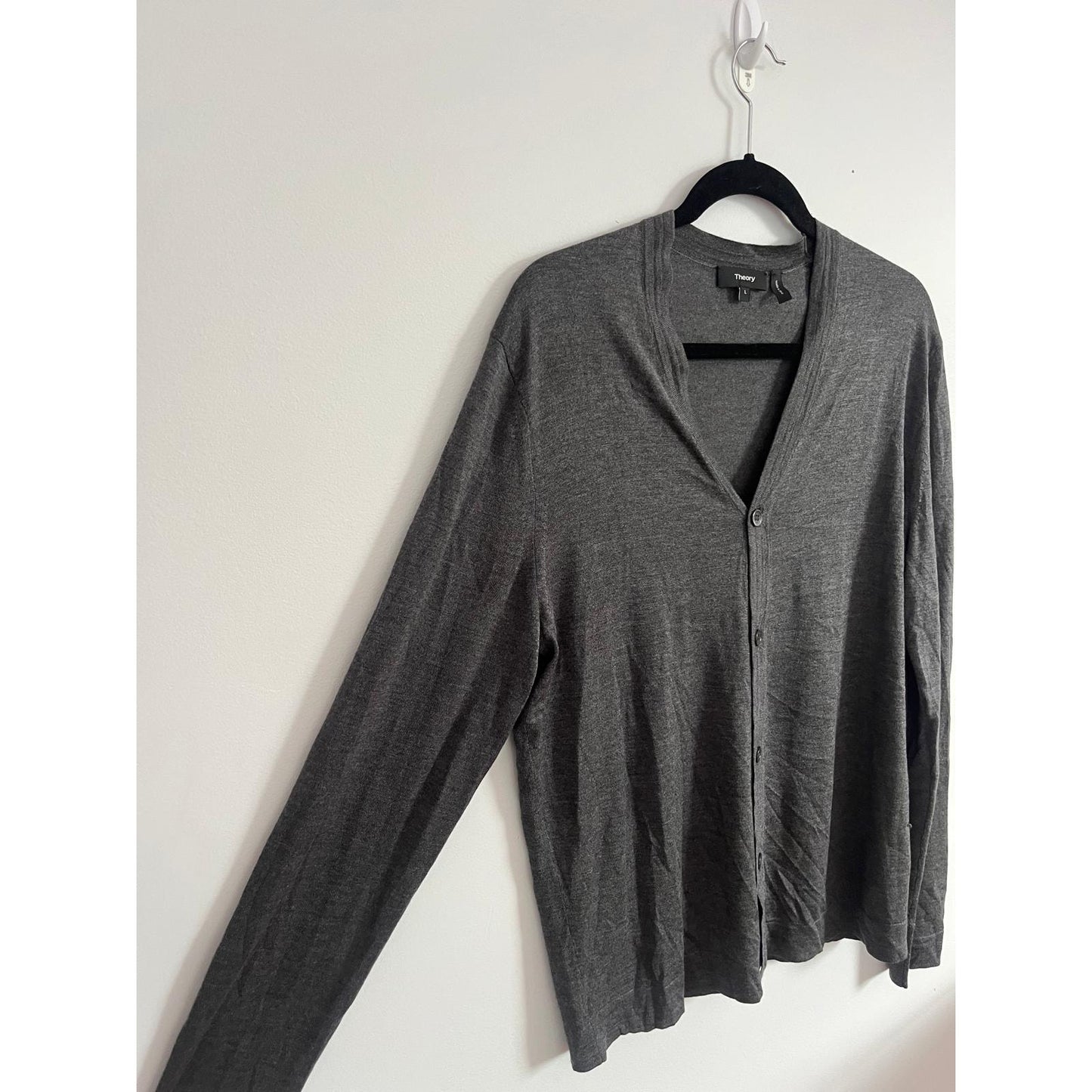 Theory Cardigan Sweater Men L Gray Lightweight Button Front Merino Blend