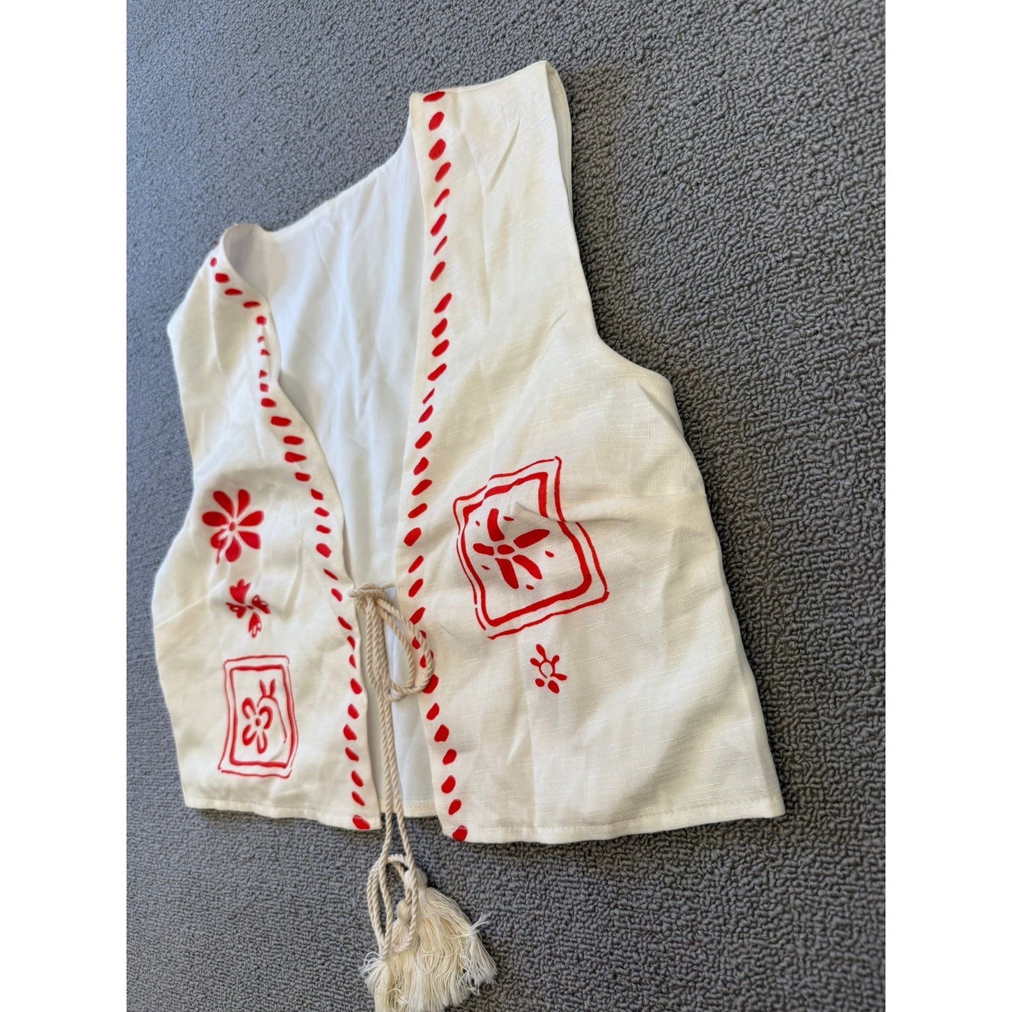 White Red Patterned Co Ord Set Womens Small Vest Wide Leg Pants Polyester