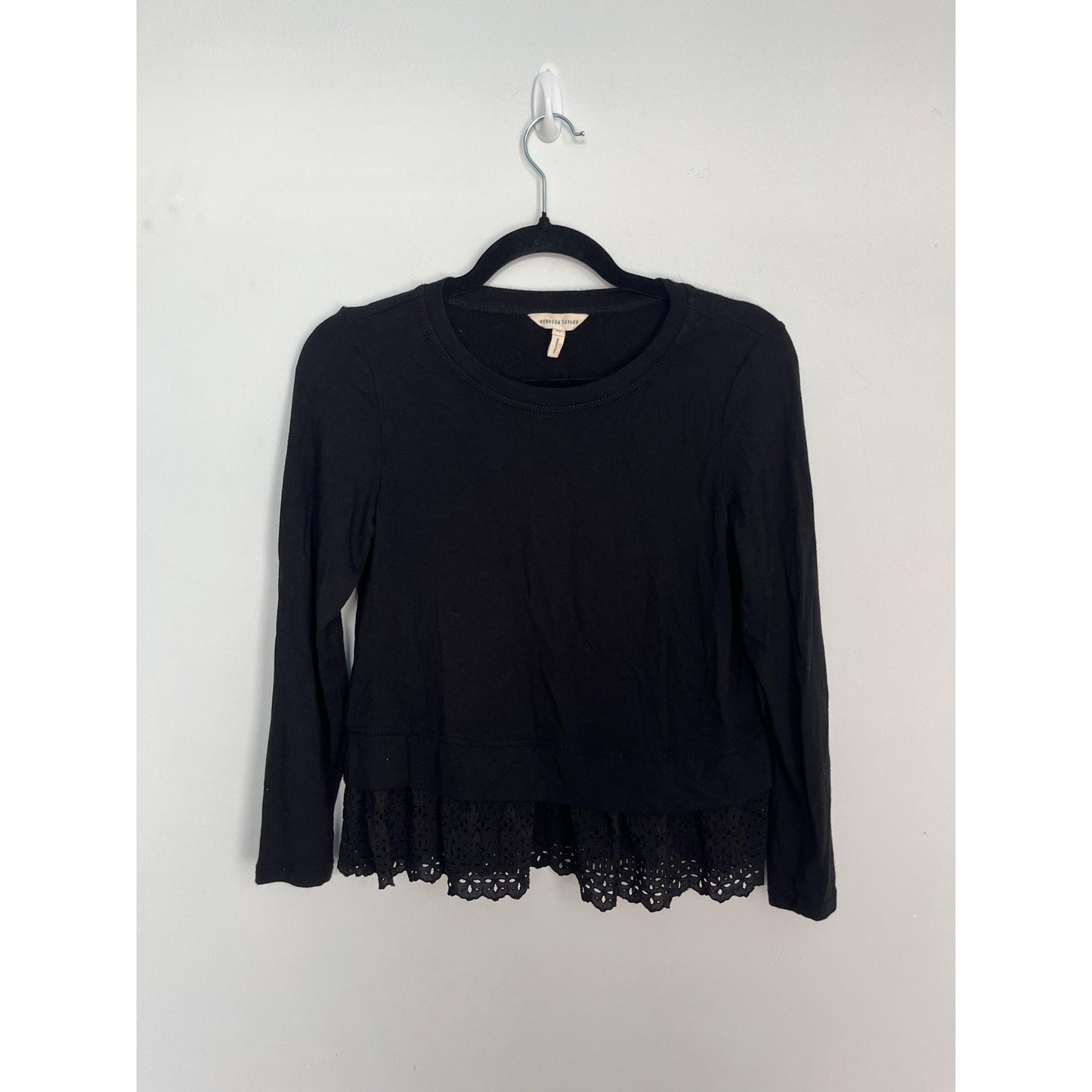 Rebecca Taylor Black Peplum Hem Top Women XS Eyelet Ruffle Long Sleeve