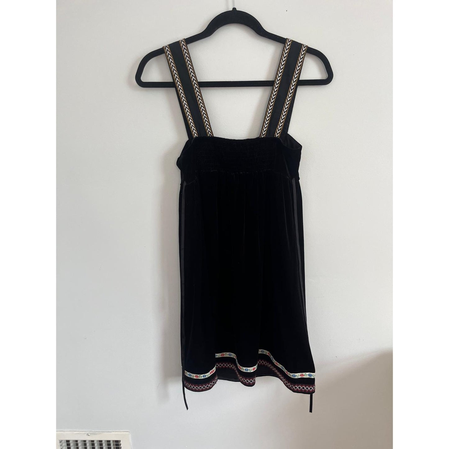 Free People Velvet Dress Women XS Black Boho Embroidered Trim NWT