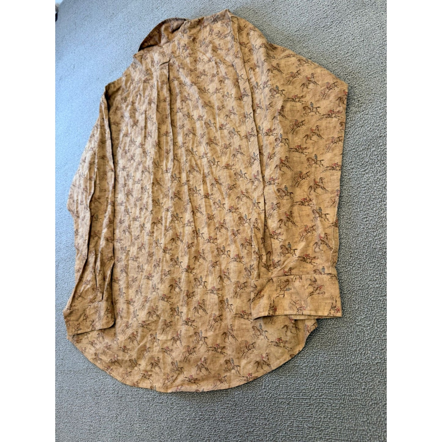 RALPH LAUREN Men's Button Down Shirt L Tan Brown Equestrian Horse Vintage Print