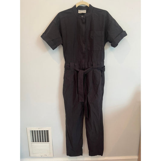 Everlane Utility Jumpsuit Women 00 Black Organic Cotton Short Sleeve Belted