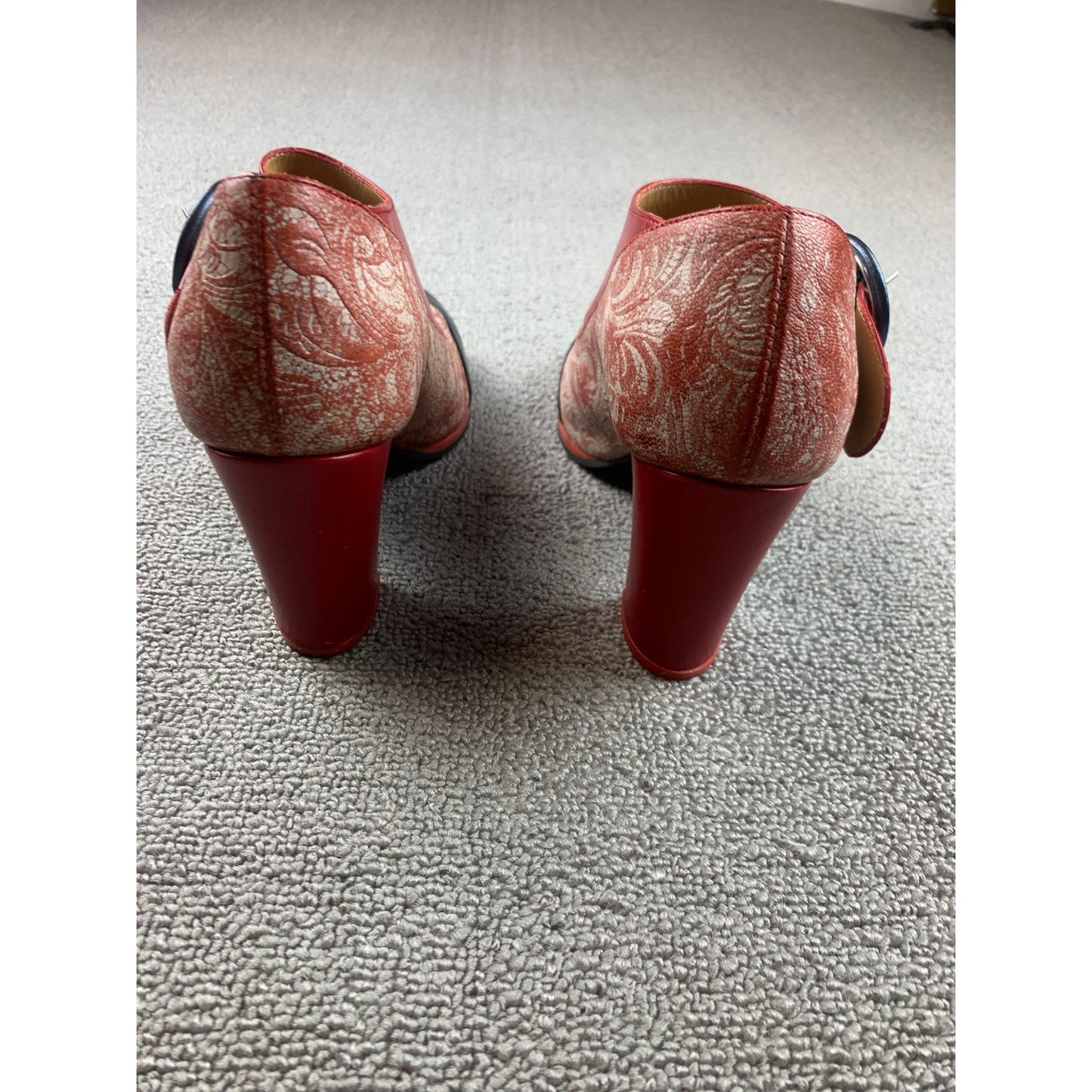 John Fluevog Women's 7 Red Black Patterned Mary Jane Pump Heels