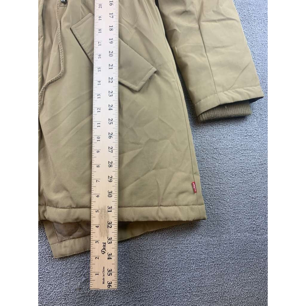 Levi’s Hooded Parka Jacket Women L Tan Faux Fur Trim Quilted Lining Drawcord