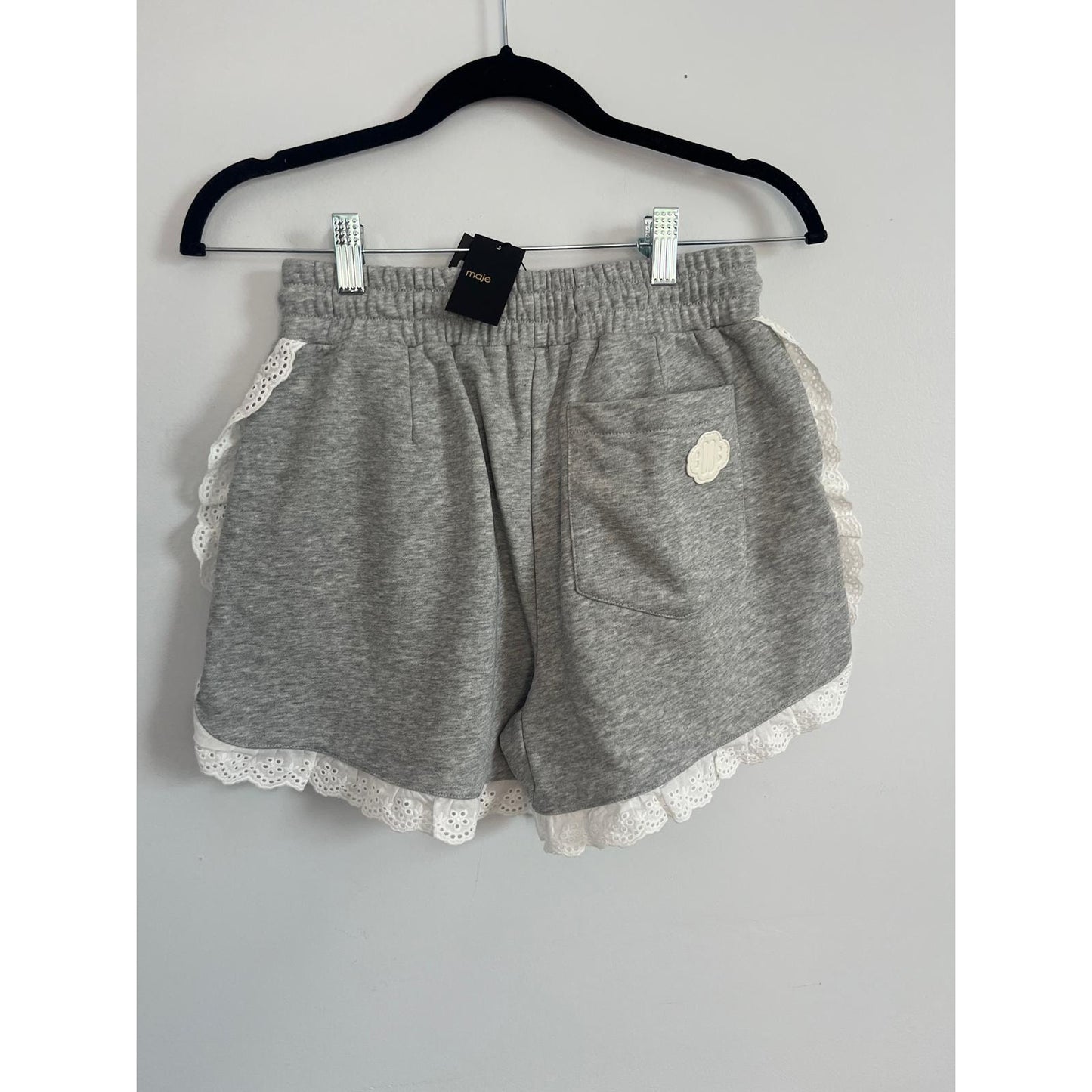 Maje Eyelet Trim Sweat Shorts Women 36 Gray White Ruffle Hem Lounge