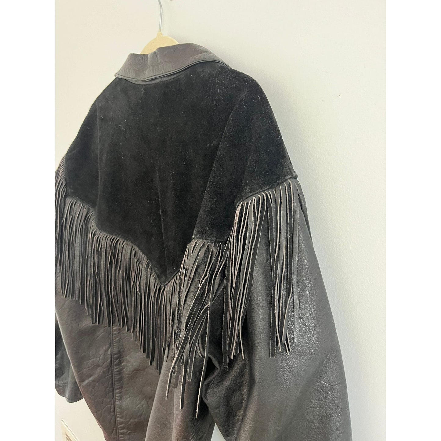 Barney’s Leather Jacket Women Large Black Fringe Western Lace Up USA Made Suede
