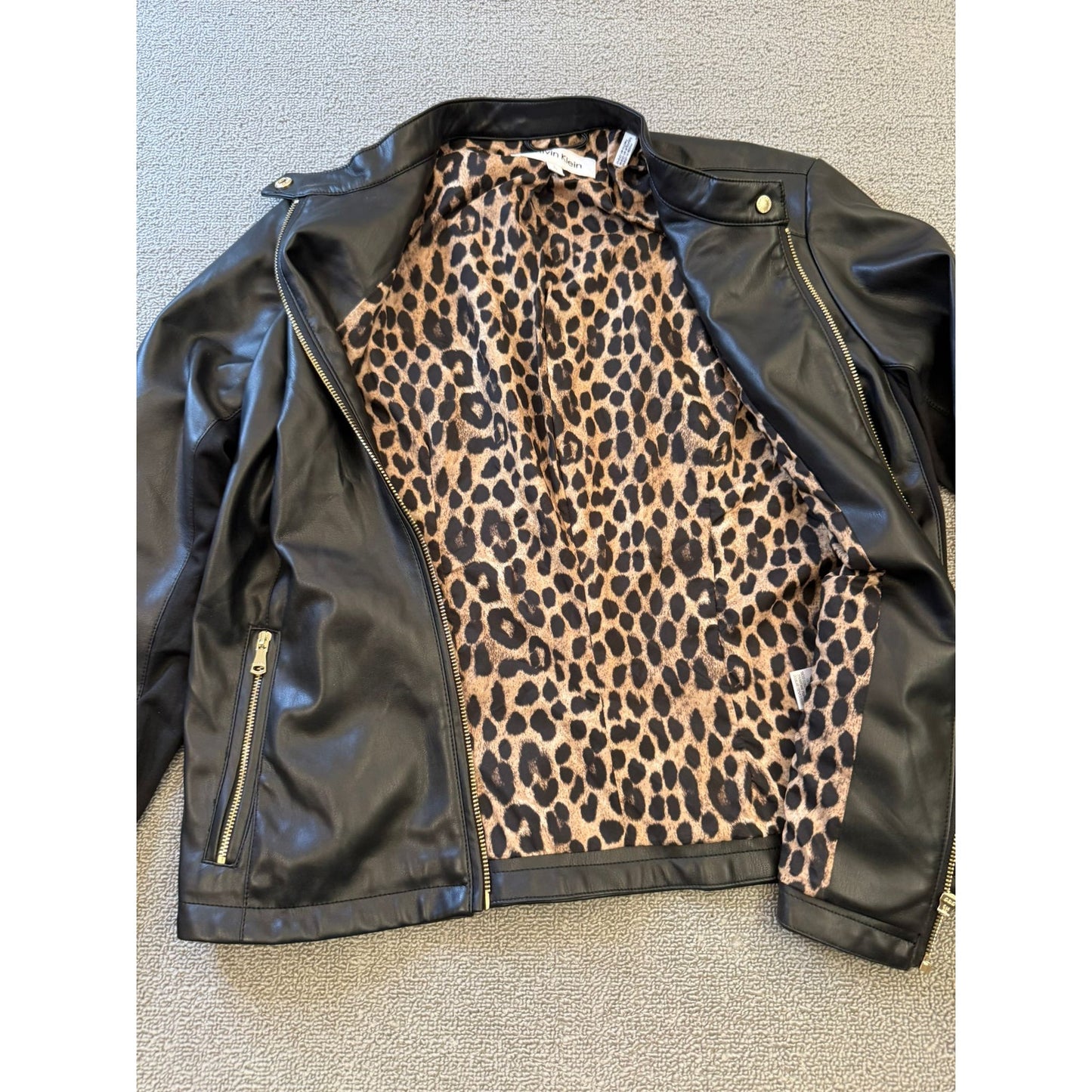 Calvin Klein Womens Large Black Faux Leather Biker Jacket Gold Zippers