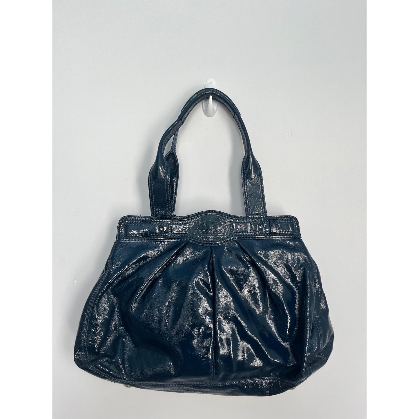 Coach Patent Leather Vintage Shoulder Bag Women Navy Pleated Turnlock Tote