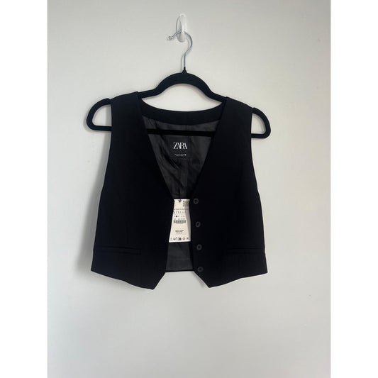 Zara Black Vest Top Womens Small Cropped Button Front Tailored NWT
