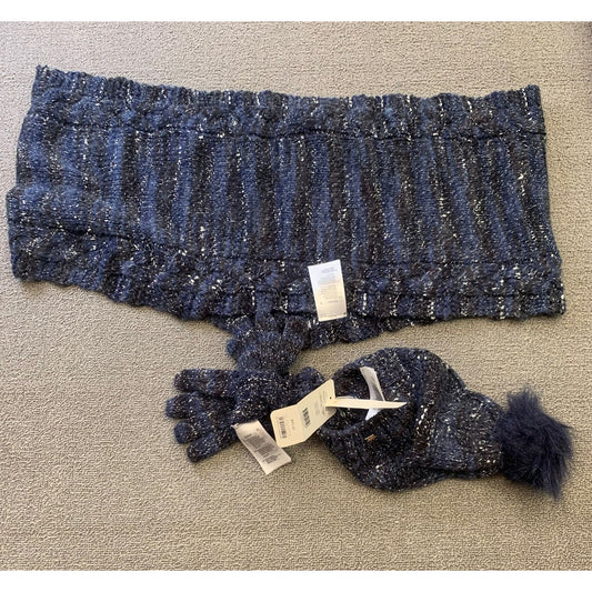 Mayoral Women Size M Navy Blue Metallic 3 in 1 Set Hat Scarf Gloves NWT