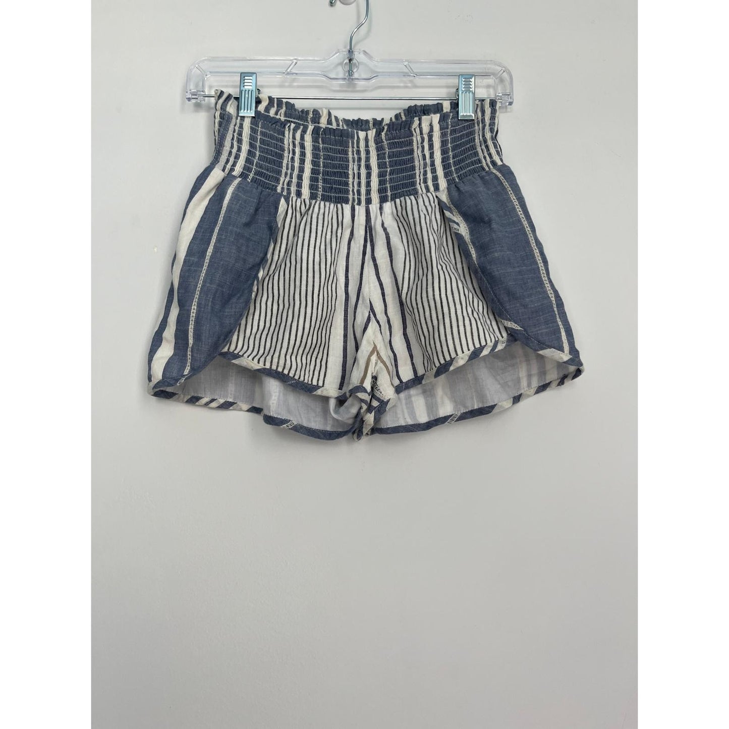 Saylor Striped Linen Blend Shorts Women XS Blue White Smocked High Waist
