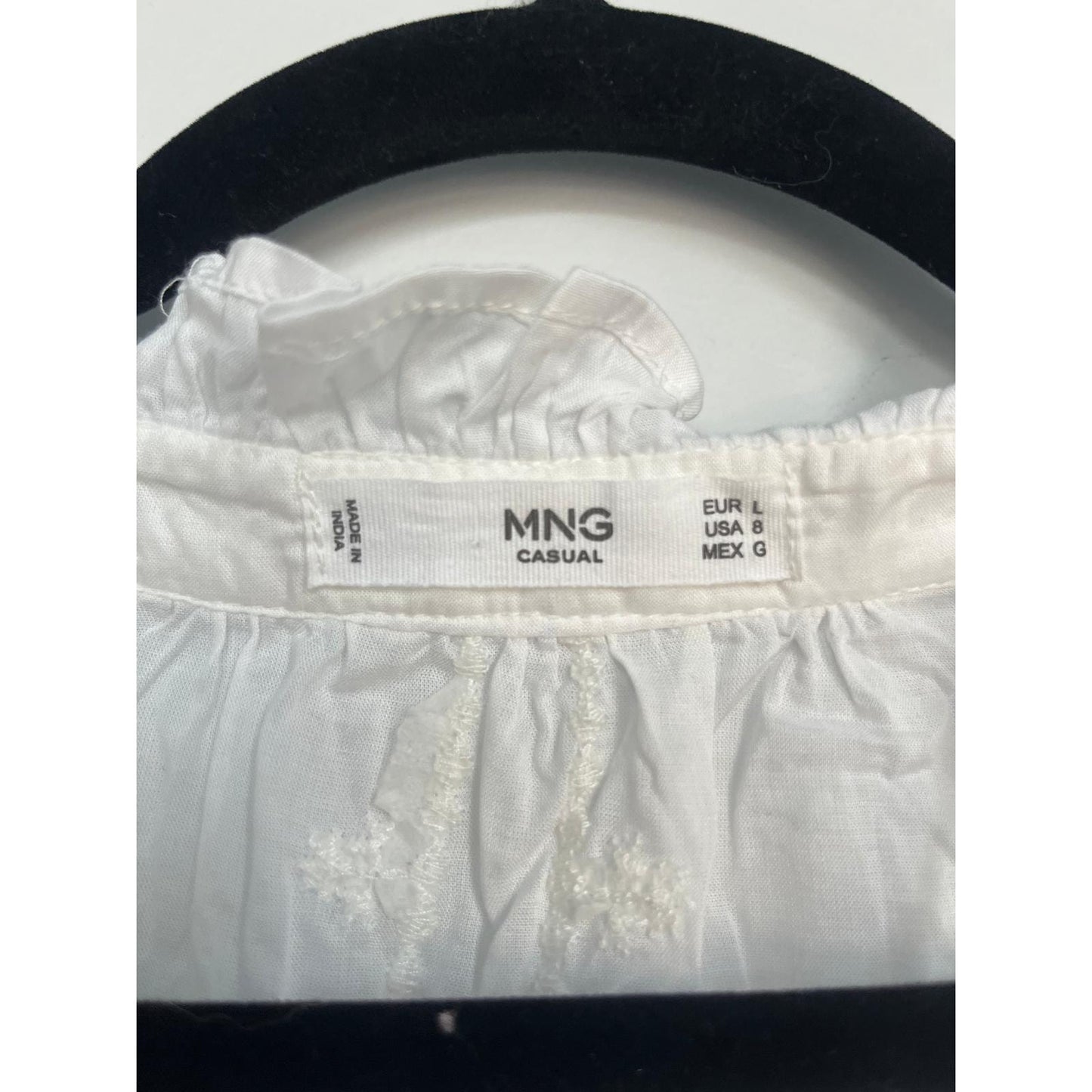 MNG White Blouse Women 8 Sheer Long Sleeve Ruffle Collar Tie Neck Lightweight