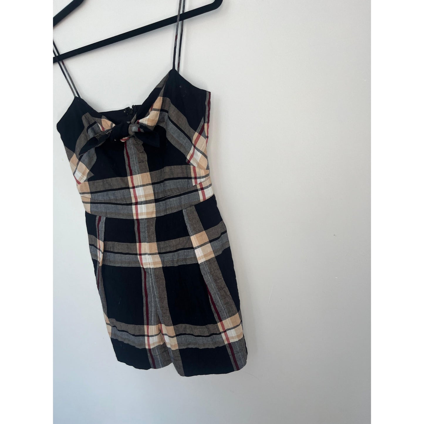 Club Monaco Plaid Romper Women 0 Black Tan Bow Tie Front Spaghetti Strap