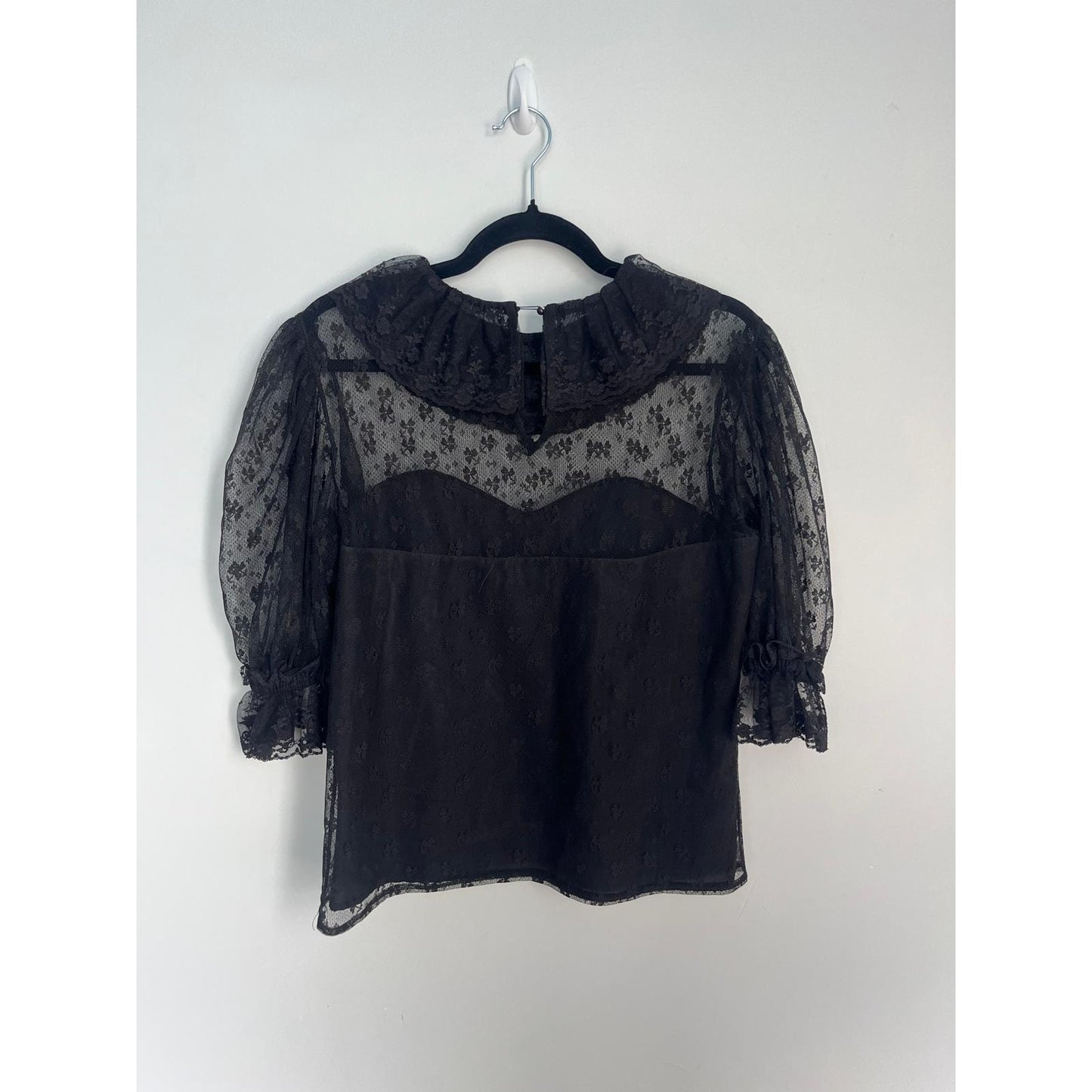 Jean for Joseph Le Bon Sheer Lace Blouse Women 8 Black Victorian Puff Sleeve