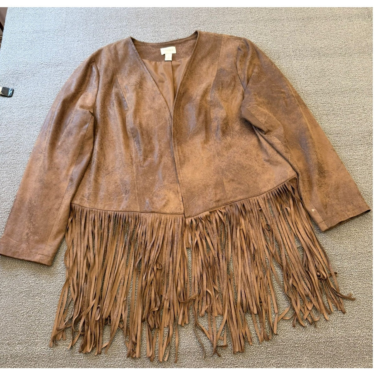 Chicos Womens Size 3 Faux Suede Fringe Jacket Brown Bohemian Style Cardigan