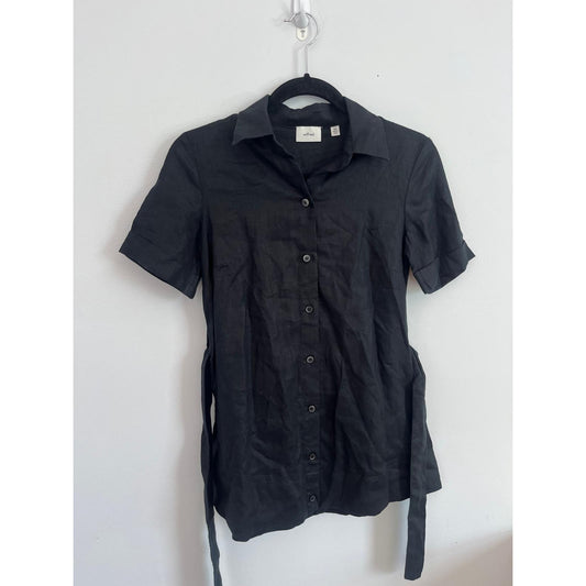 Wilfred Button Up Shirt Dress Women 2XS Black Linen Short Sleeve Belted
