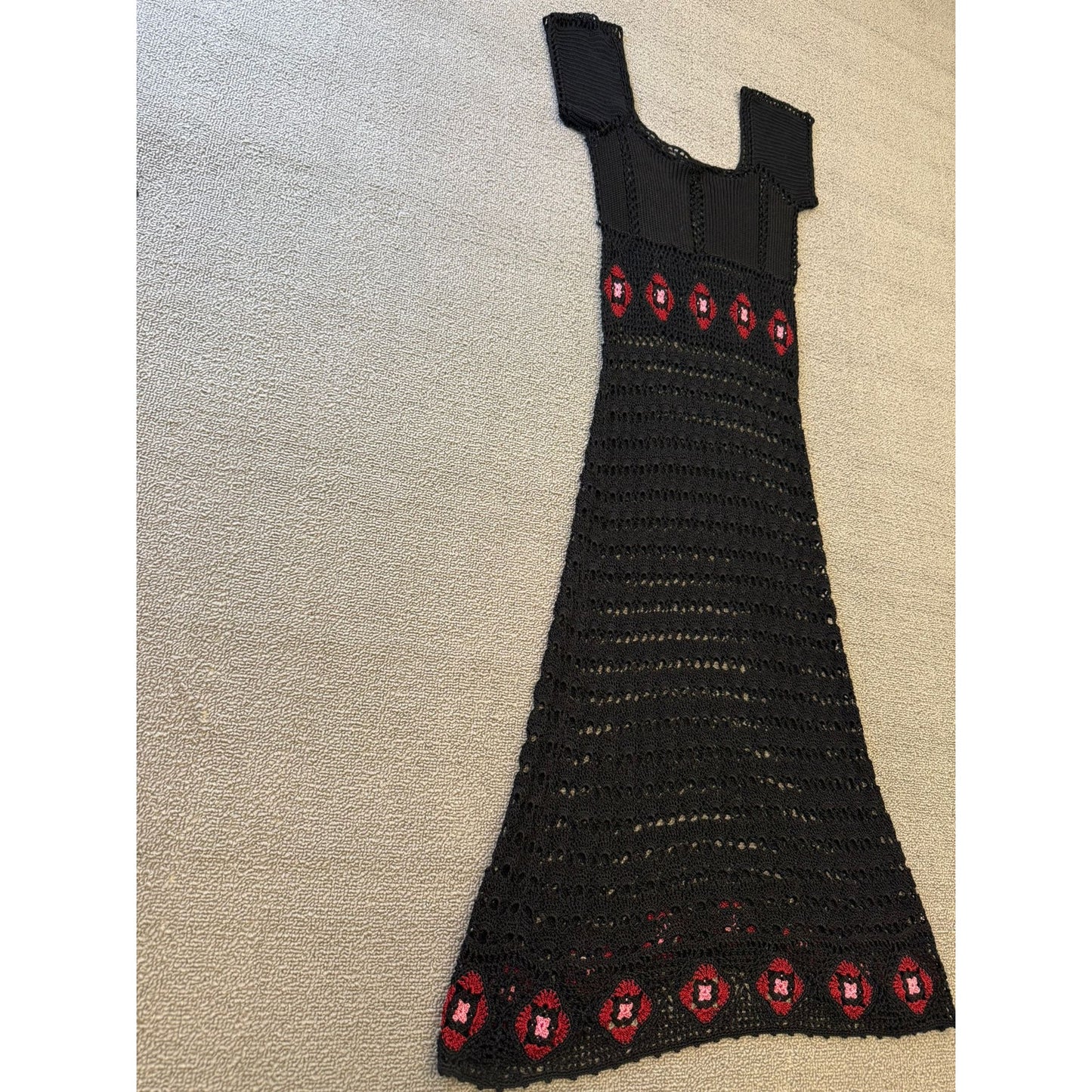 ABS by Allen Schwartz Crochet Small Maxi Dress Black Red Floral Boho