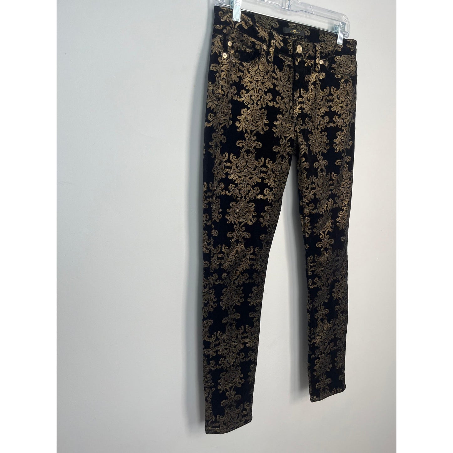 7 For All Mankind Velvet Pants Women 27 Black Gold Baroque Skinny Stretch