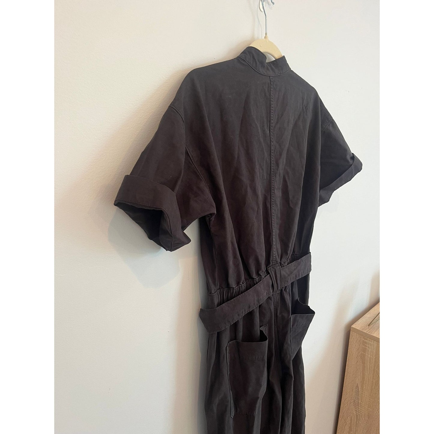 Everlane Utility Jumpsuit Women 00 Black Organic Cotton Short Sleeve Belted