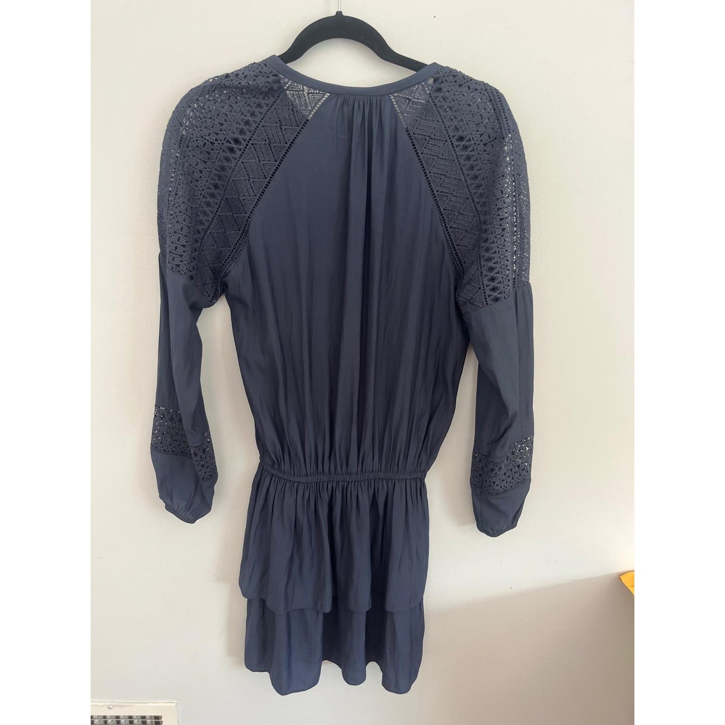 Ramy Brook Mini Dress Women M Navy Blue Lace Panel Long Sleeve Boho
