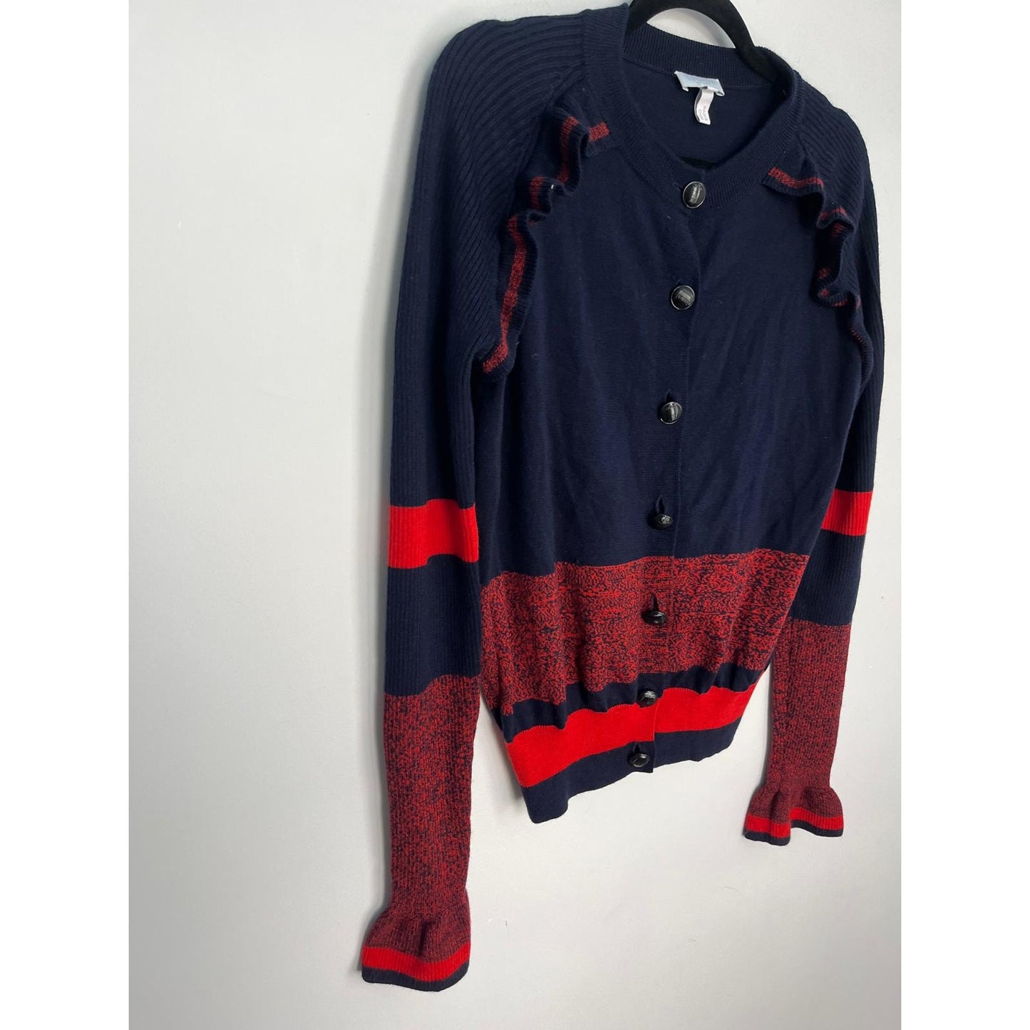 Escada Sport Ruffle Cardigan Women L Navy Red Knit Button Up Sweater