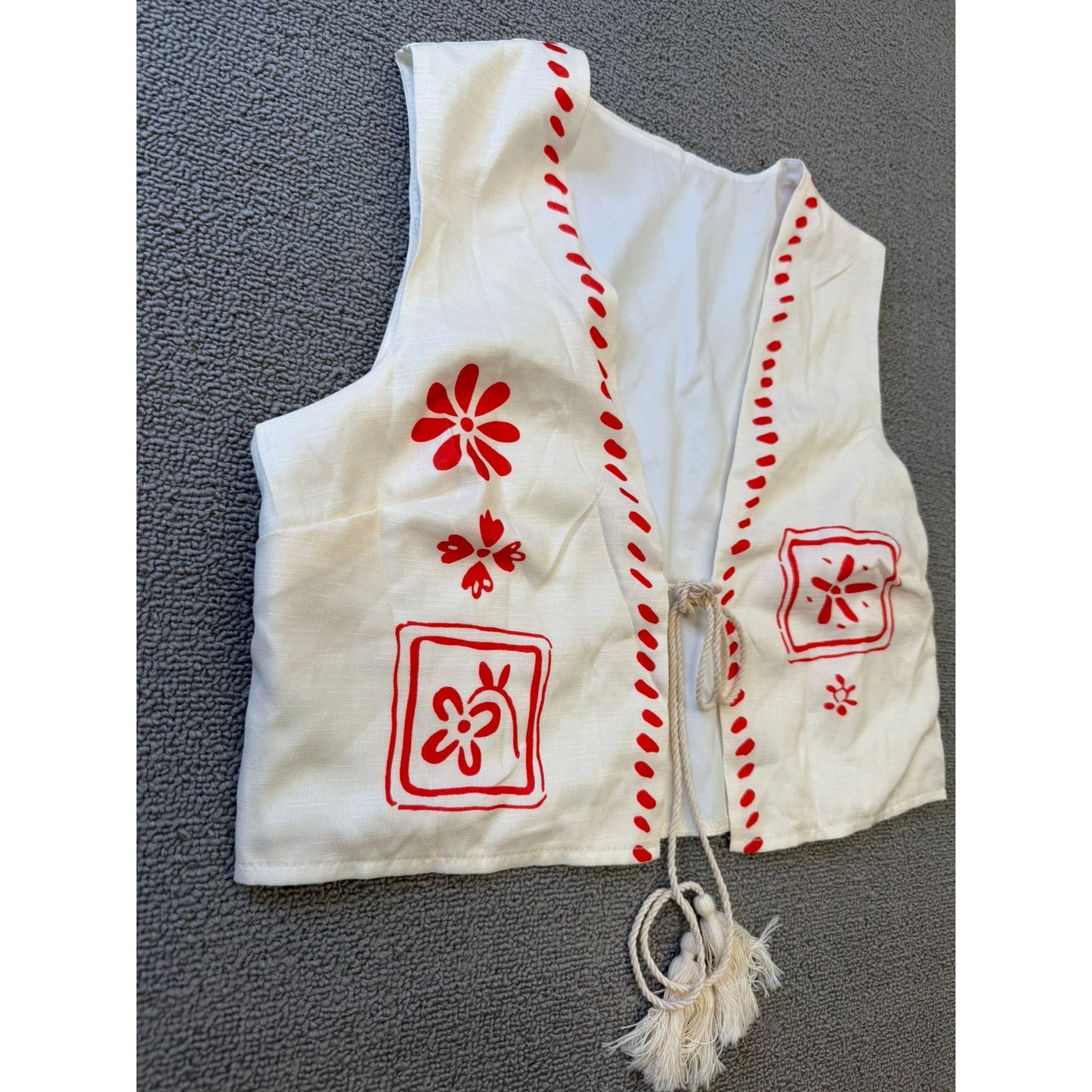 White Red Patterned Co Ord Set Womens Small Vest Wide Leg Pants Polyester