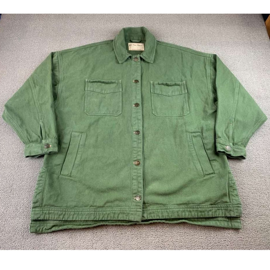 We The Free Women S Green Utility Chore Jacket Button Front Pockets 100% Cotton