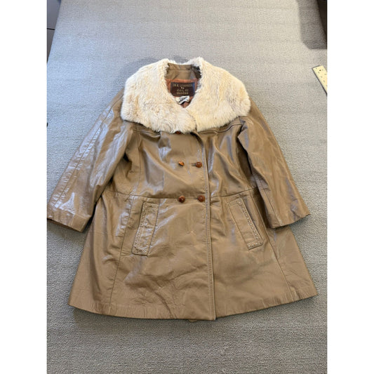 24K LEATHER Vintage Women's Beige Fur Collar Coat Jacket Vintage Retro Style