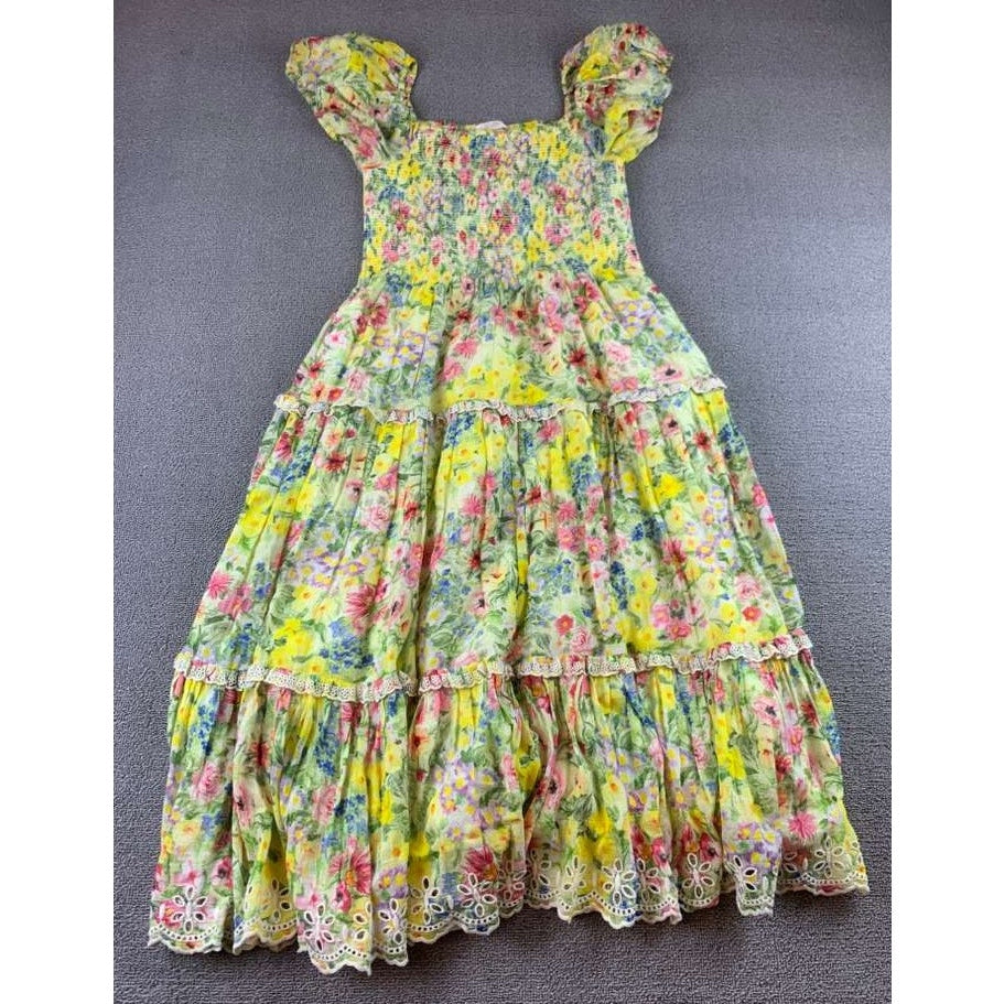 Love Shack Fancy Floral Dress Women XS Yellow Puff Sleeve Smocked Tiered Eyelet