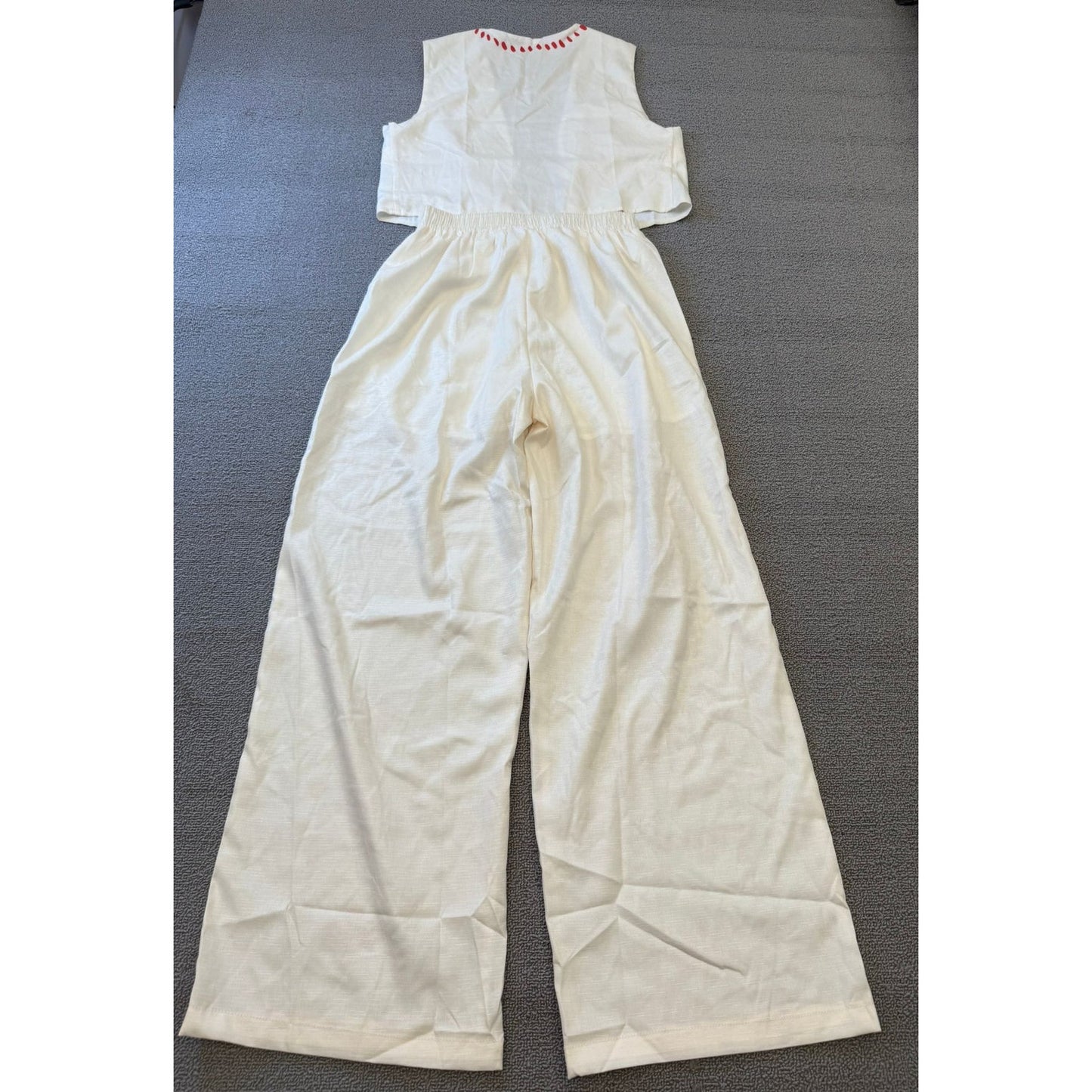 White Red Patterned Co Ord Set Womens Small Vest Wide Leg Pants Polyester