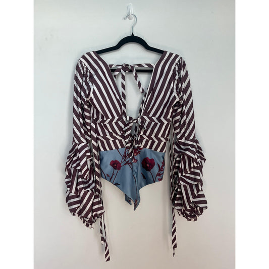 Johanna Ortiz Tie Back Blouse Women 0 Ruffle Sleeve Stripe Floral