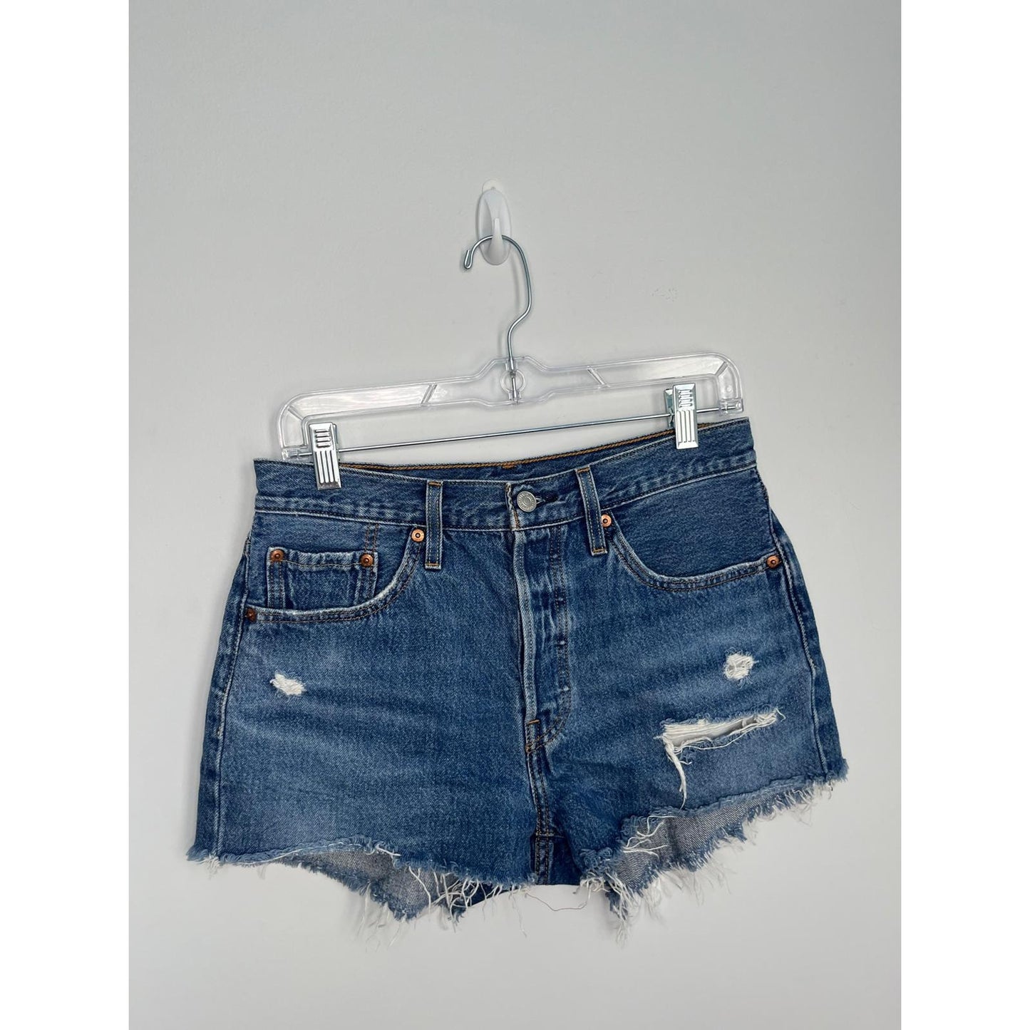 Levi's 501 Denim Shorts Women W28 Distressed High Rise Raw Hem Blue