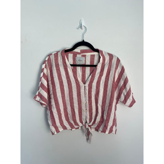 Rails Striped Button Front Shirt Women XS Red White Linen Tie Hem Summer