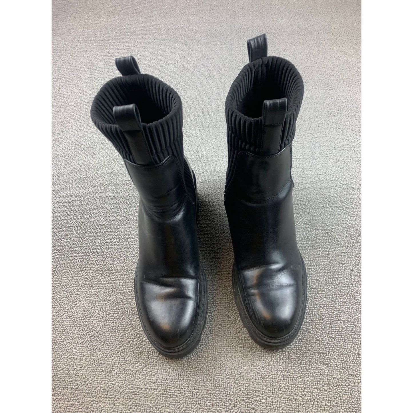 Zara Womens Sz 40 Black Faux Leather Chelsea Boots Lug Sole Ribbed Sock Mid Calf
