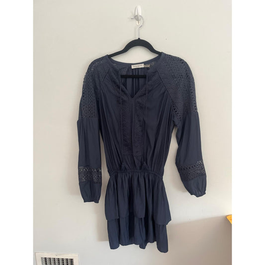 Ramy Brook Mini Dress Women M Navy Blue Lace Panel Long Sleeve Boho