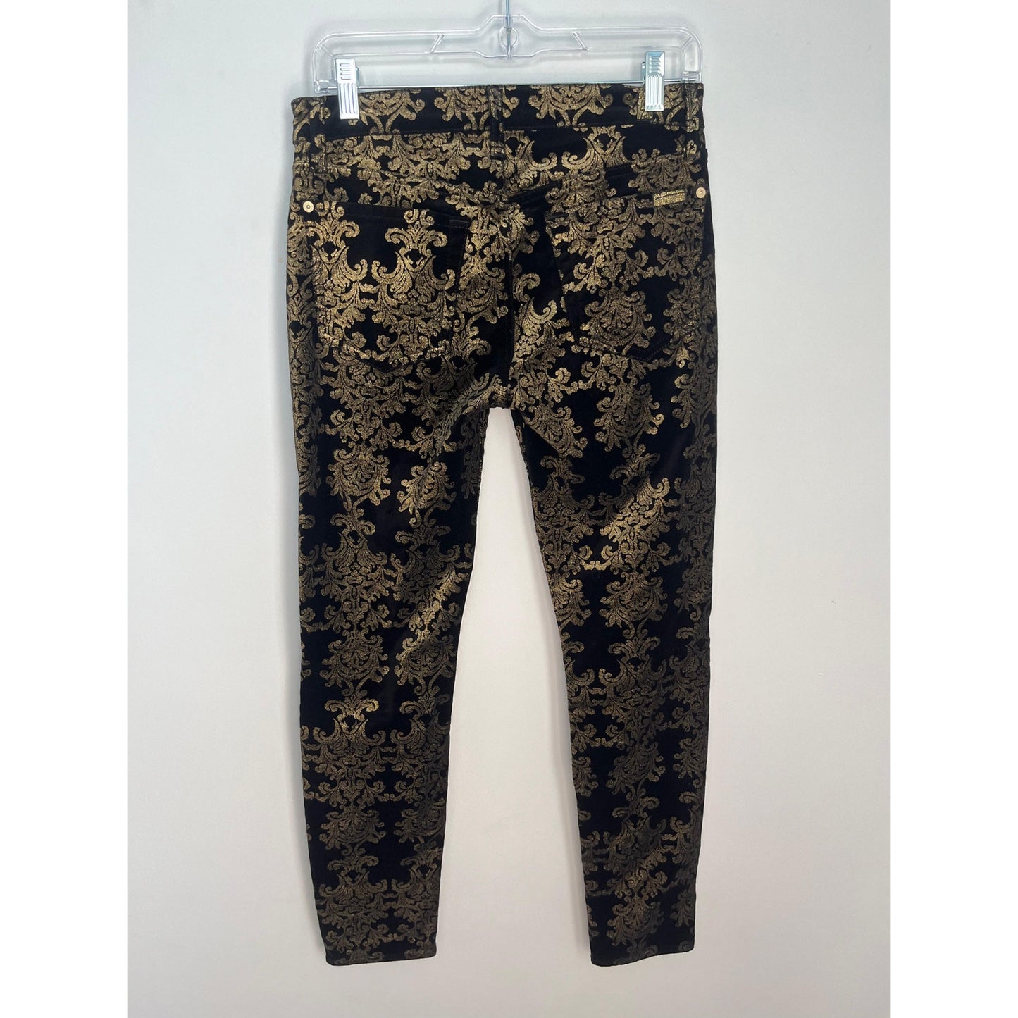 7 For All Mankind Velvet Pants Women 27 Black Gold Baroque Skinny Stretch
