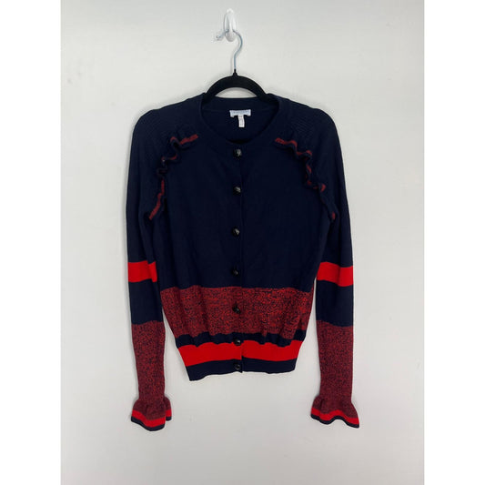 Escada Sport Ruffle Cardigan Women L Navy Red Knit Button Up Sweater