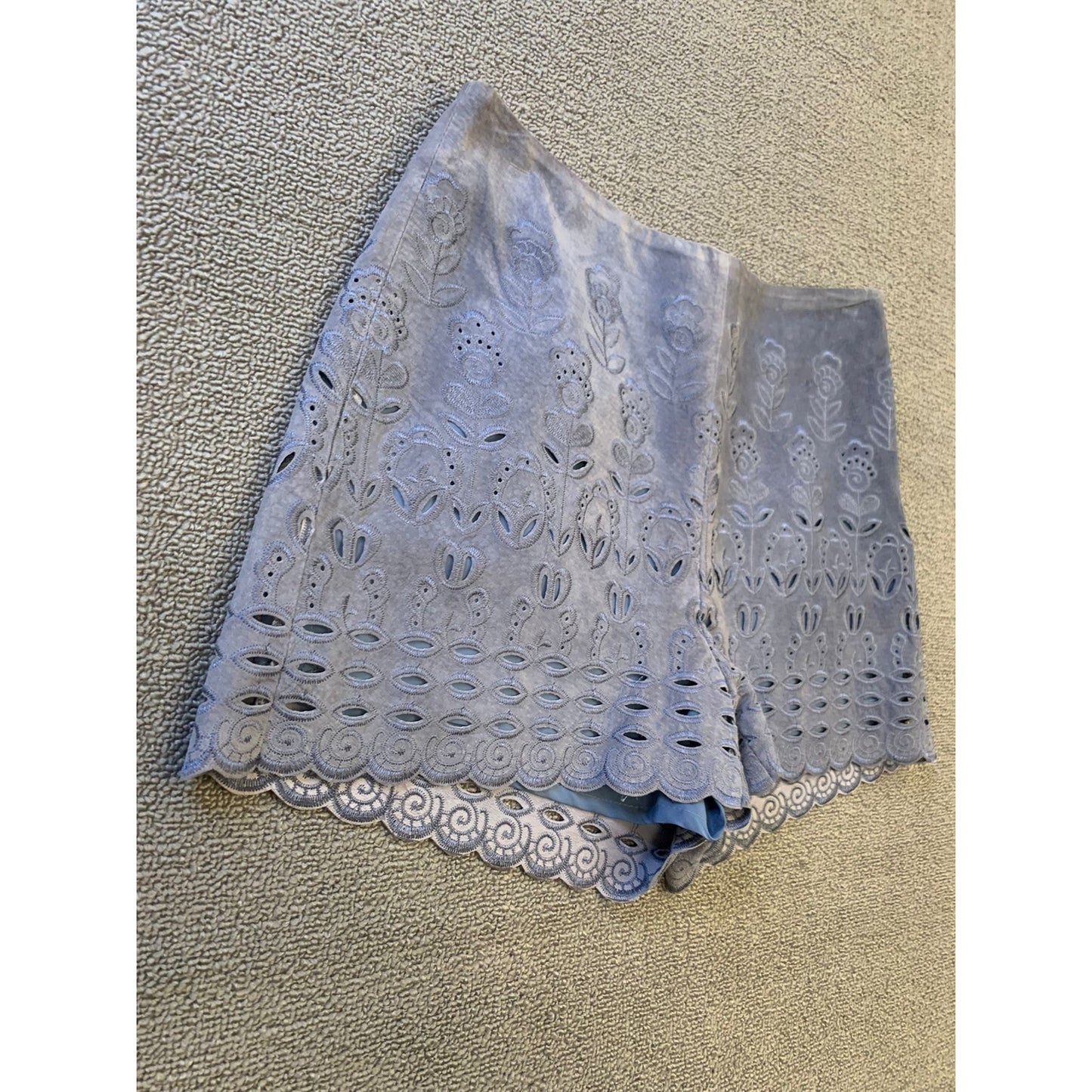 INTERMIX Women's Suede Shorts S Blue Floral Laser Cut Scalloped Hem High Waist