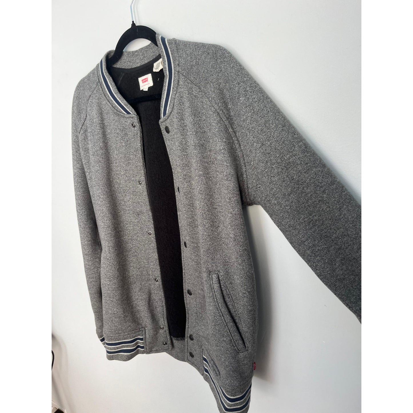 Levis Varsity Jacket Men L Gray Wool Vinatge Rare Blend Snap Front Striped Trim