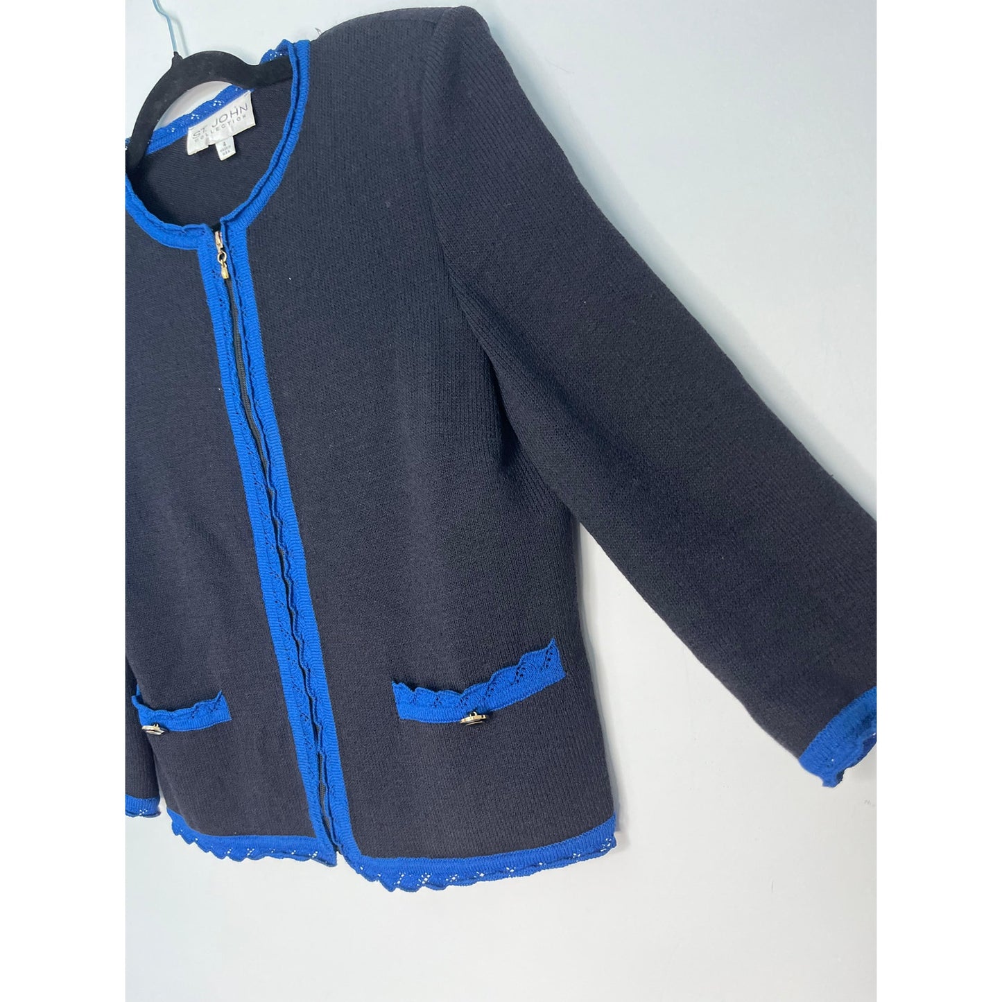 St John Collection Knit Blazer Jacket Women 4 Navy Blue Contrast Trim Zip