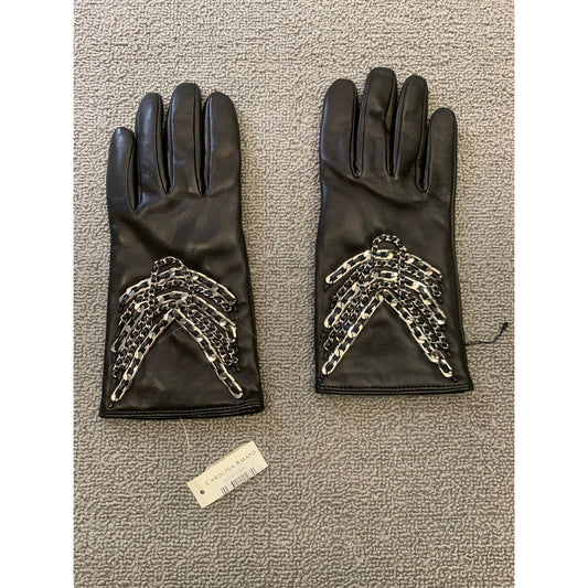 Carolina Amato Women 8 Black Genuine Leather Biker Gloves With Chain Detail