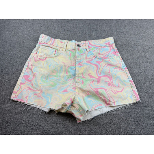 Zara Women's 10 Pastel Multi-Color Frayed Hem Swirl Print Tie Die Denim Shorts