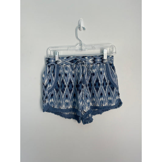 Joie Printed Shorts Women XS Blue White Ikat Smocked Waist Fringe Hem