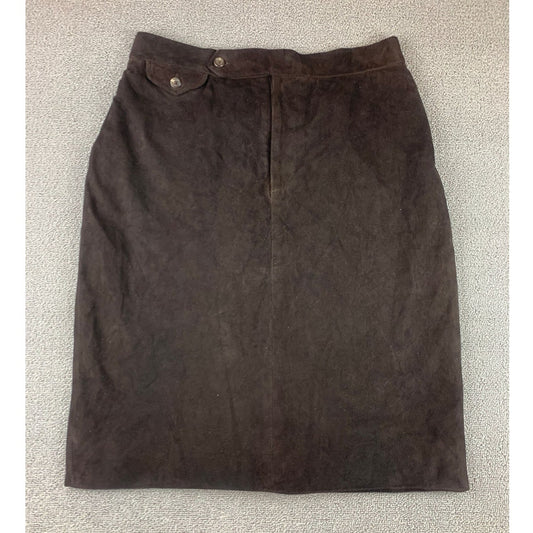 Vintage Ralph Lauren Women 14 Dark Brown Suede Pencil Skirt With Button Closure