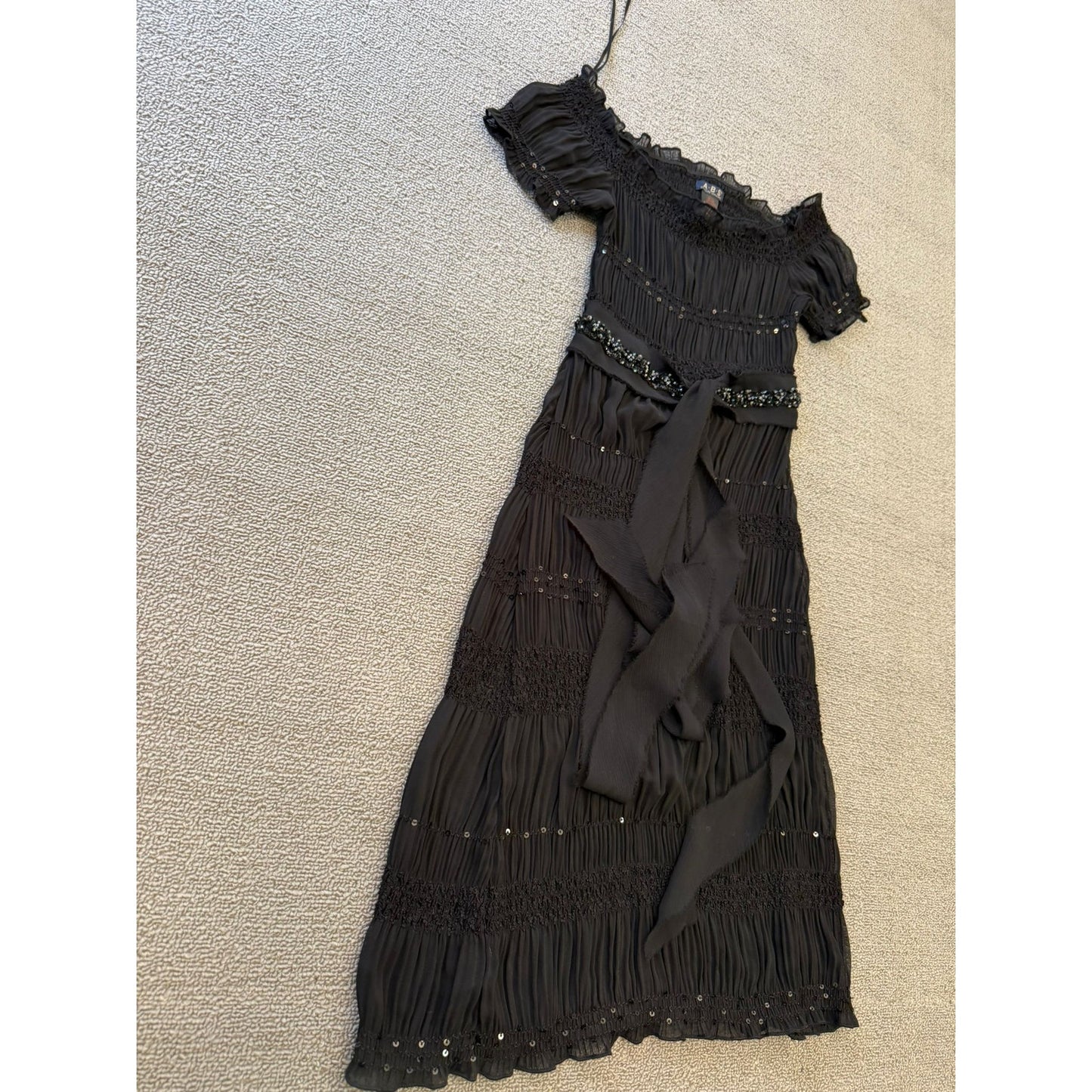 ABS Allen Schwartz Women XXS Sheer Black Sequin Beaded Tiered Ribbon Tie Dress